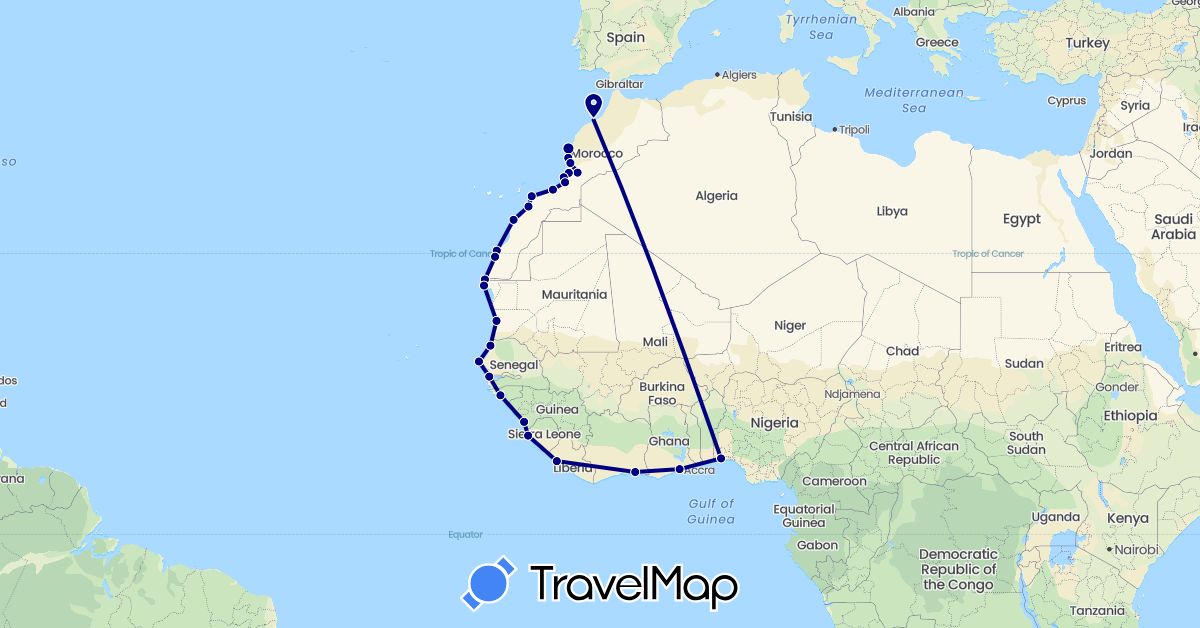 TravelMap itinerary: driving in Côte d'Ivoire, Ghana, Gambia, Guinea, Guinea-Bissau, Liberia, Morocco, Mauritania, Nigeria, Sierra Leone, Senegal (Africa)